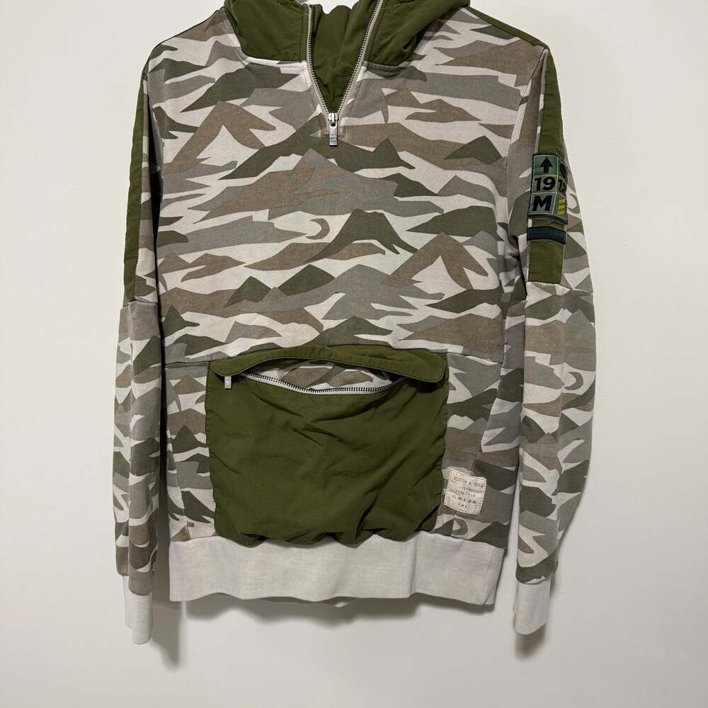 Scotch & Soda Mens Camo Quarter Zip Hoodie Mountain‎ Print Anorak Pocket Small